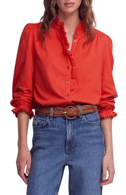 Boden Boden Emily Pom Detail Ruffle Button-Up Shirt in Aurora Red — Women Spring red Tops