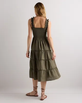 Quince Quince | Women's 100% European Linen Smocked Midi Dress in Bayberry Olive — Women Autumn green Midi Dresses
