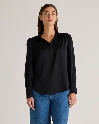 Quince Quince | Women's Washable Stretch Silk Split Neck Blouse in Black — Women Winter black Blouses