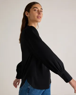 Quince Quince | Women's Washable Stretch Silk Split Neck Blouse in Black — Women Winter black Blouses