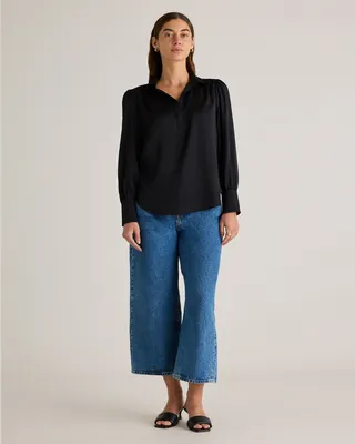 Quince Quince | Women's Washable Stretch Silk Split Neck Blouse in Black — Women Winter black Blouses