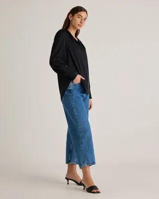 Quince Quince | Women's Washable Stretch Silk Split Neck Blouse in Black — Women Winter black Blouses
