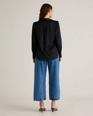 Quince Quince | Women's Washable Stretch Silk Split Neck Blouse in Black — Women Winter black Blouses