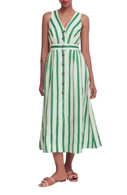 Boden Boden Catherine Stripe Button-Up Midi Dress in Green Ivory Stripe — Women Spring white Midi Dresses