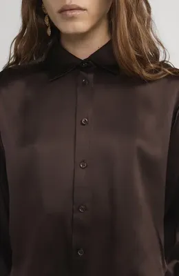 FRAME FRAME Charles Silk Button-Up Shirt in Americano — Women Autumn black Button-Down Shirts