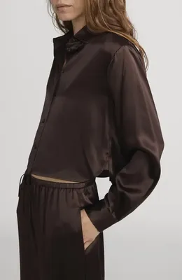 FRAME FRAME Charles Silk Button-Up Shirt in Americano — Women Autumn black Button-Down Shirts