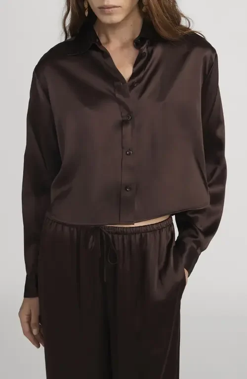 FRAME FRAME Charles Silk Button-Up Shirt in Americano — Women Autumn black Button-Down Shirts