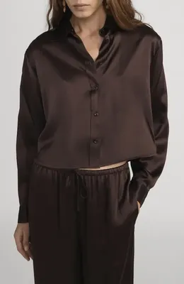 FRAME FRAME Charles Silk Button-Up Shirt in Americano — Women Autumn black Button-Down Shirts