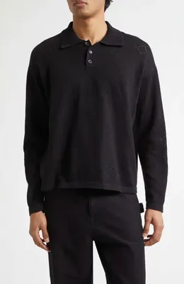 Bode Bode Anisette Floral Pointelle Stitch Cotton Polo Sweater in Black — Men Winter black Tops
