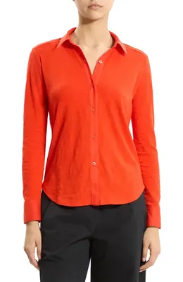 Theory Theory Riduro C.Nebulous Organic Cotton Slub Long Sleeve Button-Up Shirt in Poppy — Women Spring coral Button-Down Shirts