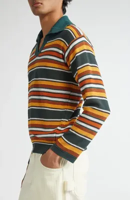 Bode Bode Boxy Parakeet Stripe Long Sleeve Polo in Multicolor — Men Autumn red Tops