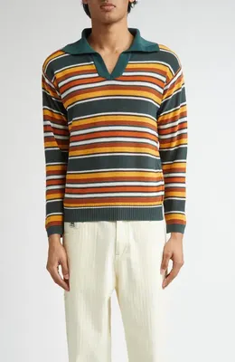 Bode Bode Boxy Parakeet Stripe Long Sleeve Polo in Multicolor — Men Autumn red Tops