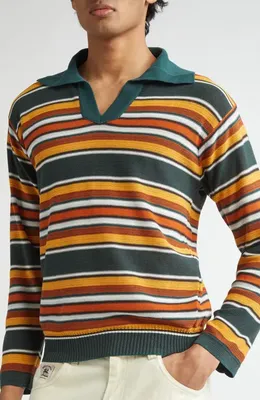Bode Bode Boxy Parakeet Stripe Long Sleeve Polo in Multicolor — Men Autumn red Tops