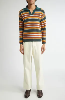 Bode Bode Boxy Parakeet Stripe Long Sleeve Polo in Multicolor — Men Autumn red Tops