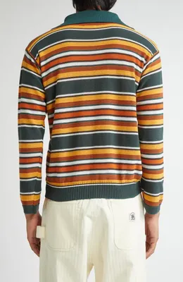 Bode Bode Boxy Parakeet Stripe Long Sleeve Polo in Multicolor — Men Autumn red Tops