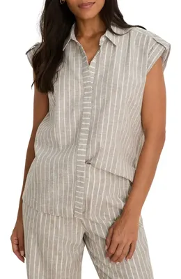 NIC+ZOE NIC+ZOE Stripe Cotton & Linen Blend Button-Up Resort Shirt in Neutral Multi — Women Autumn tan Tops