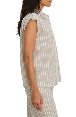 NIC+ZOE NIC+ZOE Stripe Cotton & Linen Blend Button-Up Resort Shirt in Neutral Multi — Women Autumn tan Tops