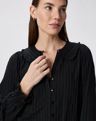 Quince Quince | Women's Embroidered Cotton Ruffle Collar Long Sleeve Blouse in True Black — Women Winter black Blouses