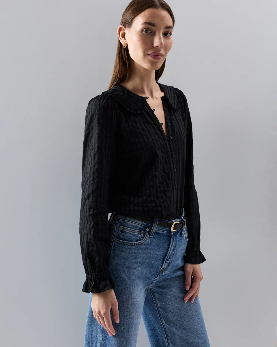Quince Quince | Women's Embroidered Cotton Ruffle Collar Long Sleeve Blouse in True Black — Women Winter black Blouses