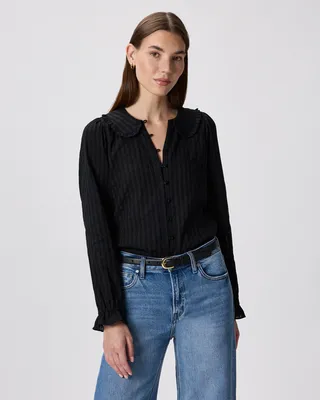 Quince Quince | Women's Embroidered Cotton Ruffle Collar Long Sleeve Blouse in True Black — Women Winter black Blouses