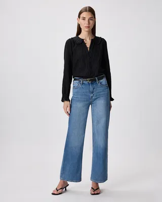 Quince Quince | Women's Embroidered Cotton Ruffle Collar Long Sleeve Blouse in True Black — Women Winter black Blouses