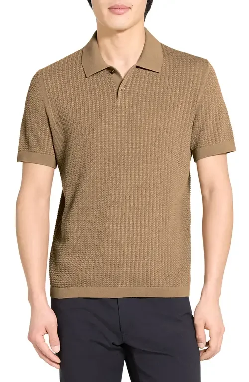 Theory Theory Tactile Cotton Polo in Fresh Khaki - 2Qh — Men Autumn camel Tops