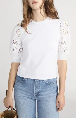 FRAME FRAME Solstice Eyelet Sleeve T-Shirt in White — Women Winter white Tops