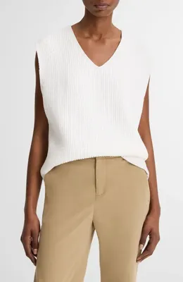 Vince Vince Relaxed V-Neck Cotton Blend Sweater Vest in Optic White — Women Winter white Sweaters & Knits