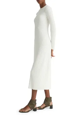 Vince Vince Crewneck Long Sleeve Rib Midi Dress in Off White — Women Winter white Midi Dresses