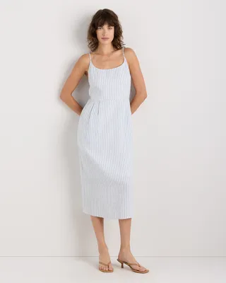 Quince Quince | Women's 100% European Linen Scoop Neck Midi Dress in Sky Blue Mariner Stripe — Women Summer silver Midi Dresses