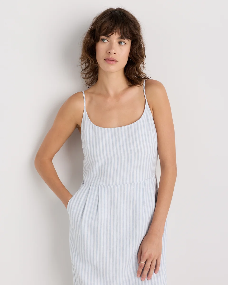 Quince Quince | Women's 100% European Linen Scoop Neck Midi Dress in Sky Blue Mariner Stripe — Women Summer silver Midi Dresses