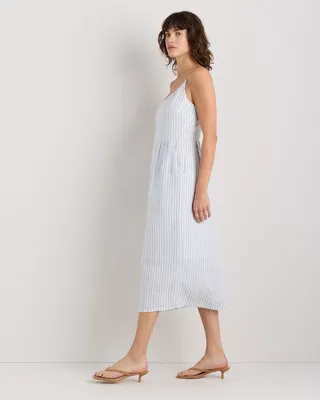 Quince Quince | Women's 100% European Linen Scoop Neck Midi Dress in Sky Blue Mariner Stripe — Women Summer silver Midi Dresses