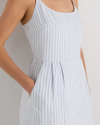 Quince Quince | Women's 100% European Linen Scoop Neck Midi Dress in Sky Blue Mariner Stripe — Women Summer silver Midi Dresses