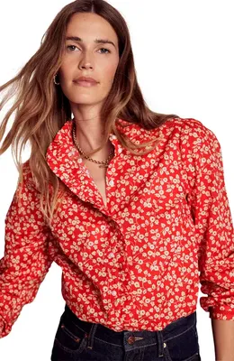 Boden Boden Helena Floral Cotton Button-Up Shirt in Cranberry Red Delicate Vine — Women Spring red Button-Down Shirts