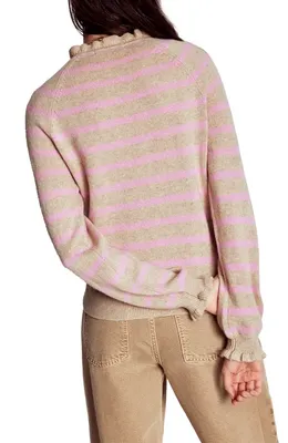 Boden Boden Fae Fair Isle Ruffle Trim Sweater in Camel/Pink Stripe — Women Spring tan Sweaters & Knits