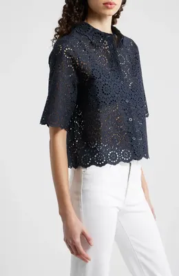 FRAME FRAME The Petal Eyelet Crop Shirt in Navy — Women Winter navy Tops