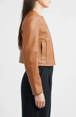 Theory Theory Crop Leather Jacket in Bright Cognac — Women Autumn coral Outerwear