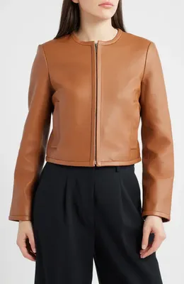 Theory Theory Crop Leather Jacket in Bright Cognac — Women Autumn coral Outerwear