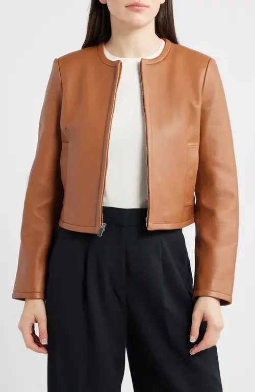 Theory Theory Crop Leather Jacket in Bright Cognac — Women Autumn coral Outerwear