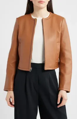 Theory Theory Crop Leather Jacket in Bright Cognac — Women Autumn coral Outerwear
