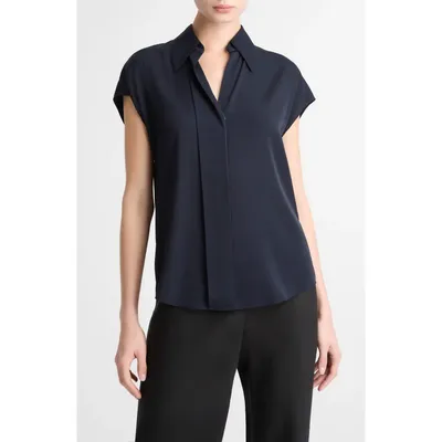 Vince Vince Cap Sleeve Stretch Silk Button-Up Shirt in Coastal — Women Summer teal Tops