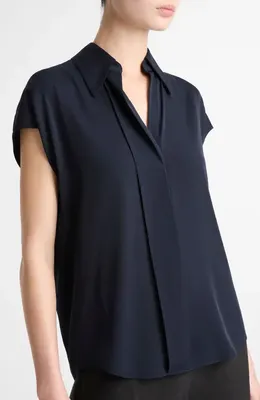 Vince Vince Cap Sleeve Stretch Silk Button-Up Shirt in Coastal — Women Summer teal Tops