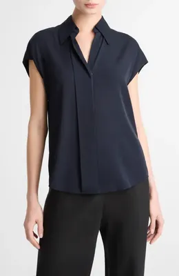 Vince Vince Cap Sleeve Stretch Silk Button-Up Shirt in Coastal — Women Summer teal Tops