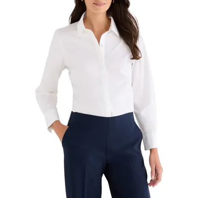 NIC+ZOE NIC+ZOE Pintuck Stretch Cotton Button-Up Shirt in Paper White — Women Winter white Tops