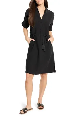 NIC+ZOE NIC+ZOE Rumba Tie Belt Linen Blend Shirtdress in Black Onyx — Women Winter black Dresses