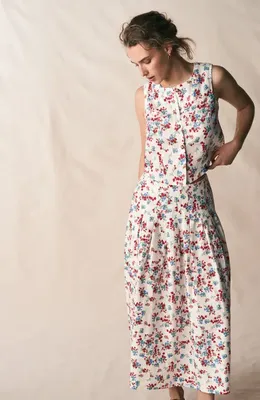 Boden Boden Valentina Linen Midi Skirt in Ivory, Bloom Scatter in Ivory/ Bloom Scatter — Women Spring white Skirts