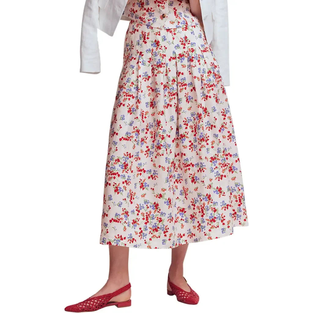 Boden Boden Valentina Linen Midi Skirt in Ivory, Bloom Scatter in Ivory/ Bloom Scatter — Women Spring white Skirts