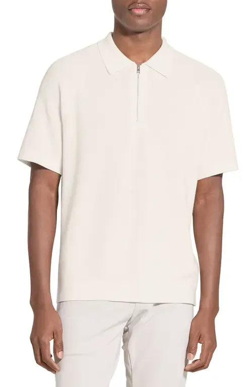 Theory Theory Tactile Cotton Quarter Zip Polo in Winter Ivory — Men Winter white Tops