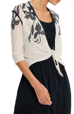 NIC+ZOE NIC+ZOE Inked Blooms Convertible Cardigan in Cream Multi — Women Spring white Tops