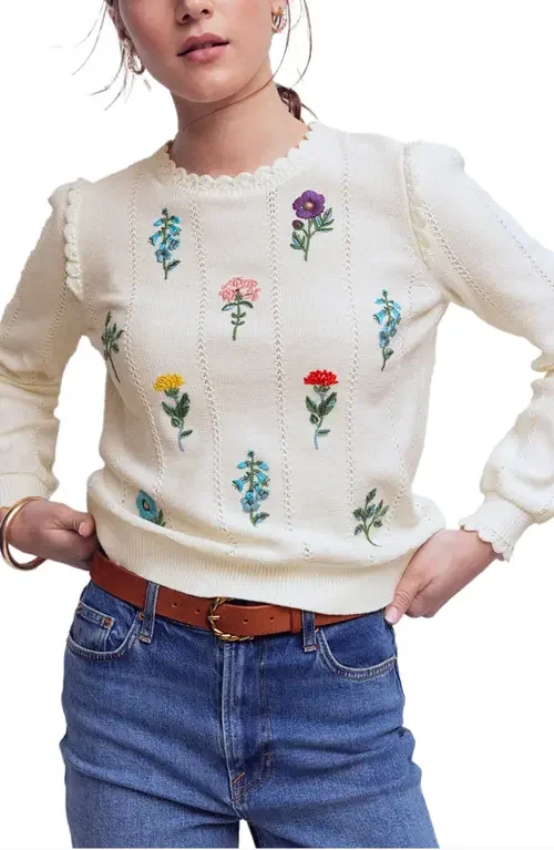 Boden Boden Valeria Floral Embroidered Sweater in Warm Ivory Melange Embroidery — Women Spring white Tops